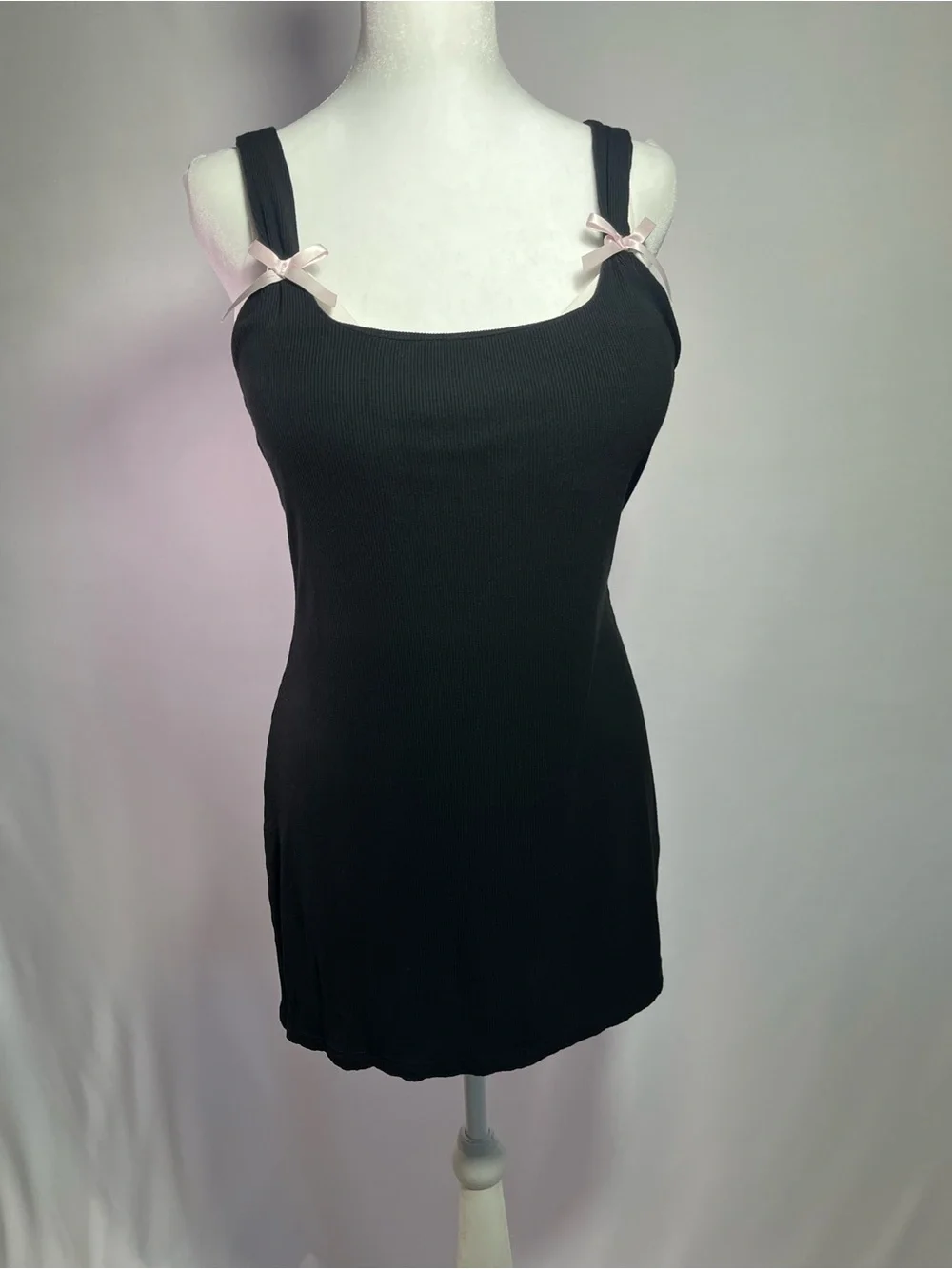 Edikted Black Ribbed Dress with Pale Pink Bows - Picture 1 of 4